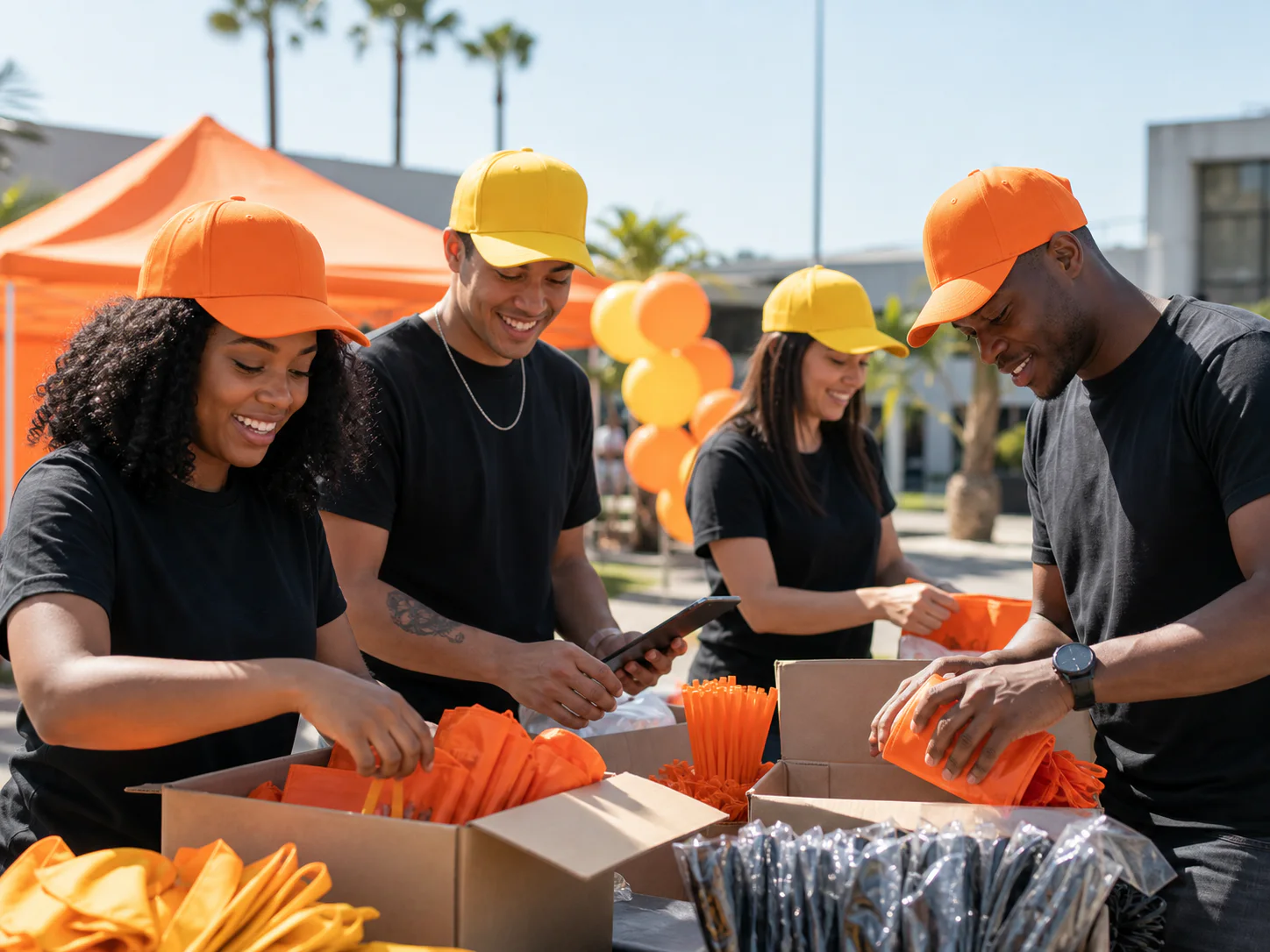 Activation team wearing bright campaign caps