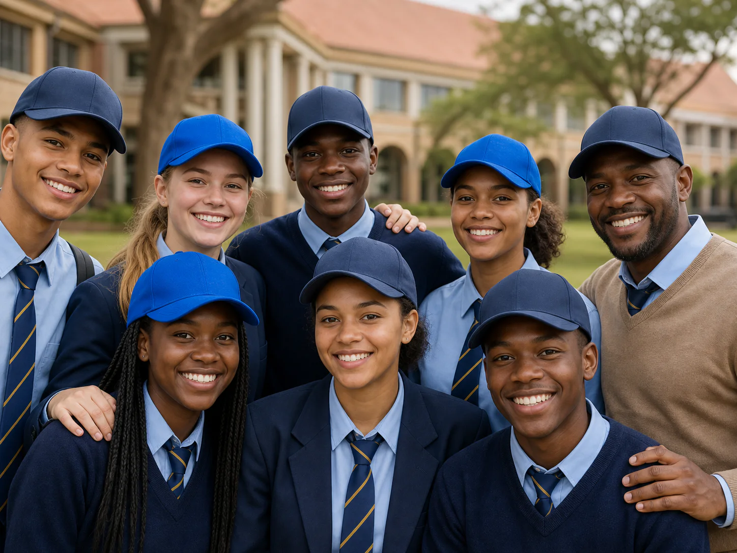School group wearing coordinated caps